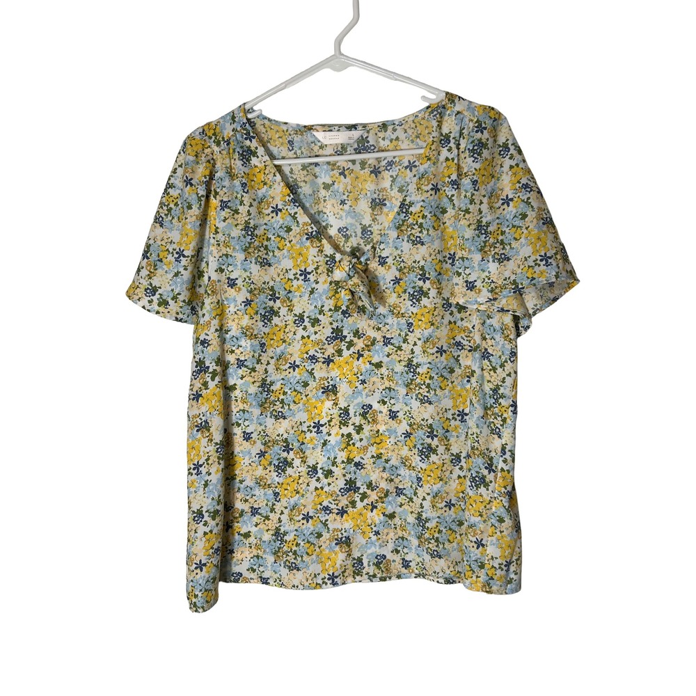 Lauren Conrad Floral Print V Neck Tie Front Short Sleeve Blouse Women's Size L